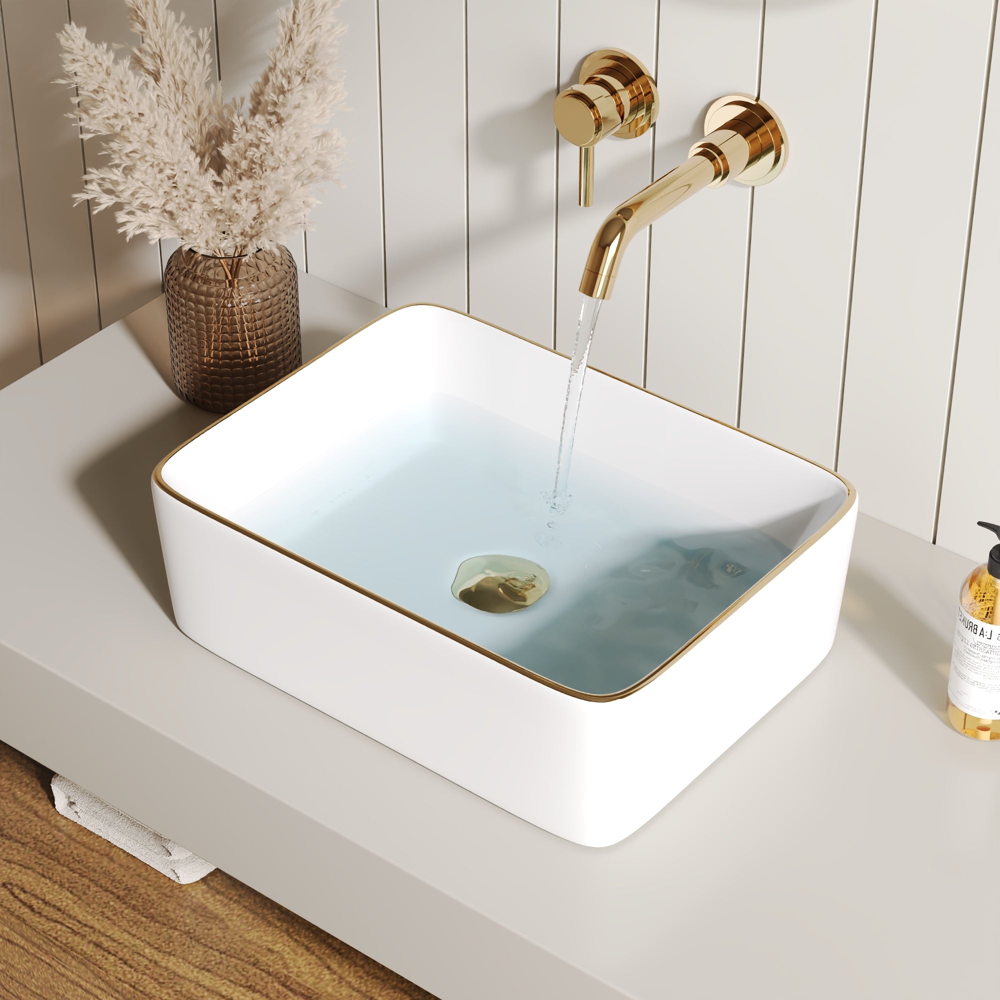DeerValley Liberty 16"x12" Rectangular Vessel Sink with Gold Trim, White Ceramic Above Counter Bathroom Sink Bowl, DV-1V0366
