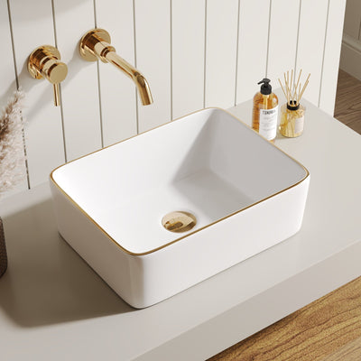 DeerValley DV-1V0366  16"x12" Rectangular Vessel Sink with Gold Trim, White Ceramic Above Counter Bathroom Sink Bowl, DV-1V0366