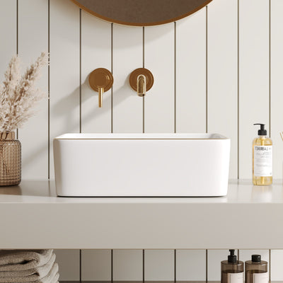 DeerValley DV-1V0366  16"x12" Rectangular Vessel Sink with Gold Trim, White Ceramic Above Counter Bathroom Sink Bowl, DV-1V0366