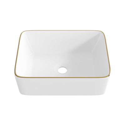 DeerValley DV-1V0366  16"x12" Rectangular Vessel Sink with Gold Trim, White Ceramic Above Counter Bathroom Sink Bowl, DV-1V0366