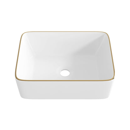 DeerValley Liberty 16"x12" Rectangular Vessel Sink with Gold Trim, White Ceramic Above Counter Bathroom Sink Bowl, DV-1V0366