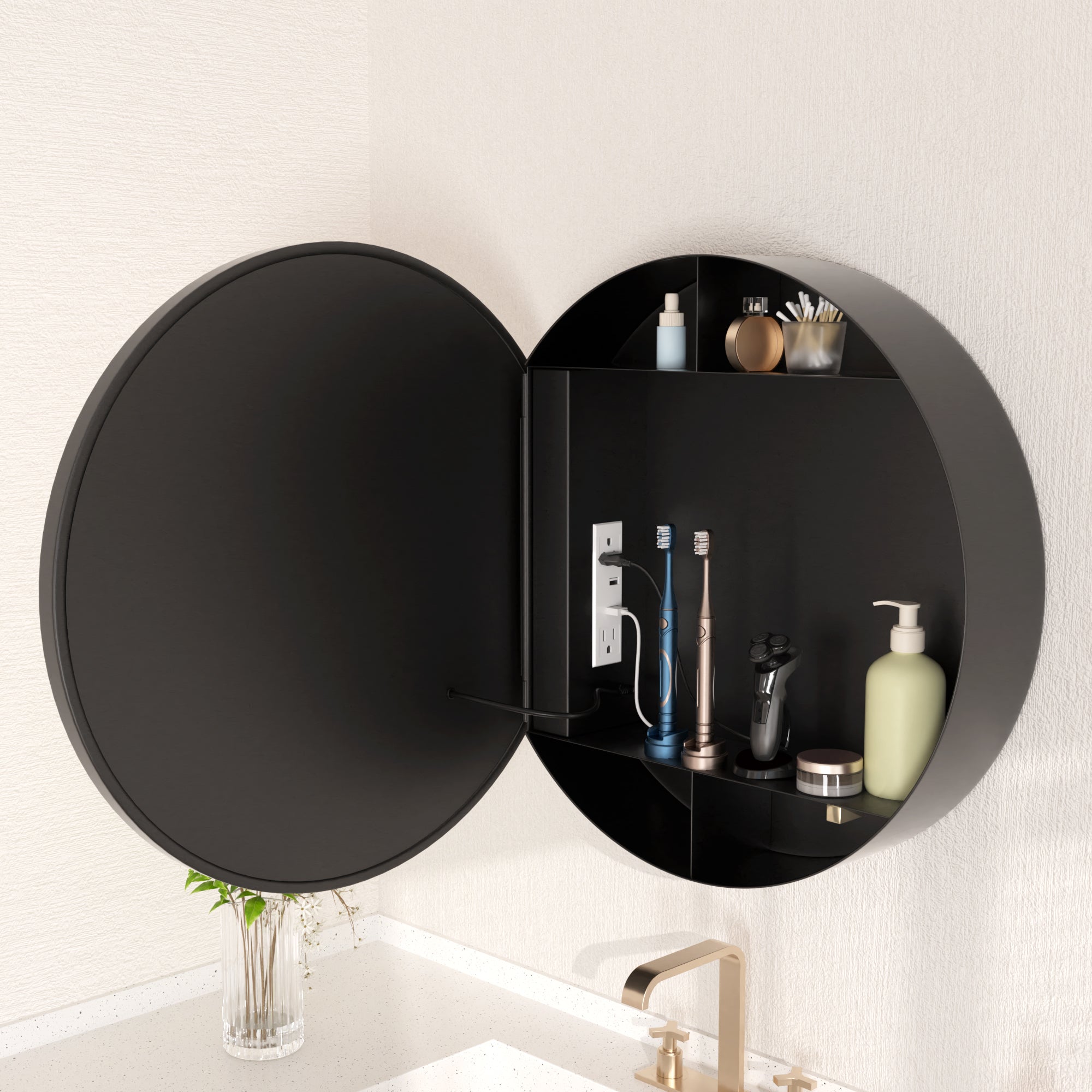 Prism 24 in Round Framed LED Medicine Cabinet with Defogger, Stepless Dimming, Built-in Outlet, Black
