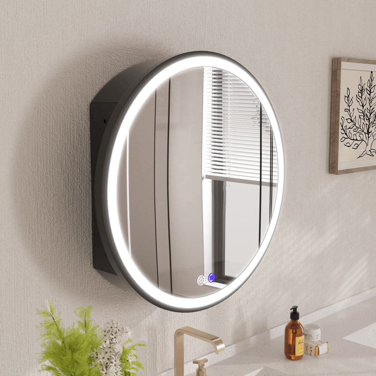 Prism 24 Round Framed LED Medicine Cabinet Defogger Stepless Dimming Built Outlet