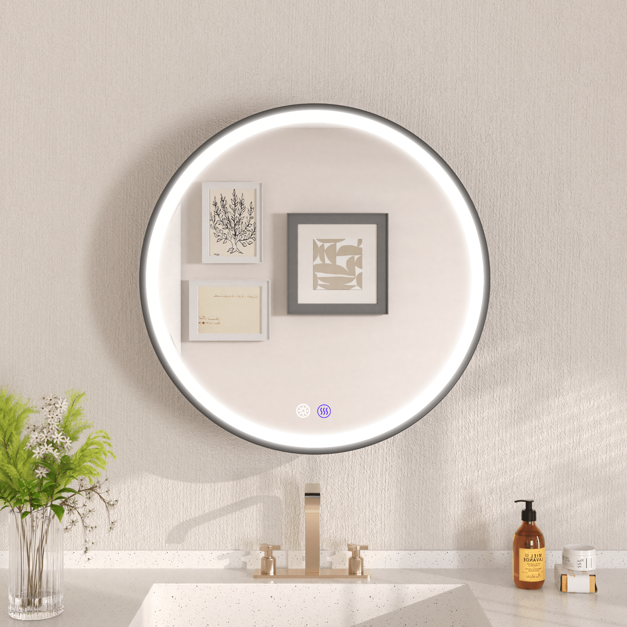 Prism 24 in Round Framed LED Medicine Cabinet with Defogger, Stepless Dimming, Built-in Outlet, Black