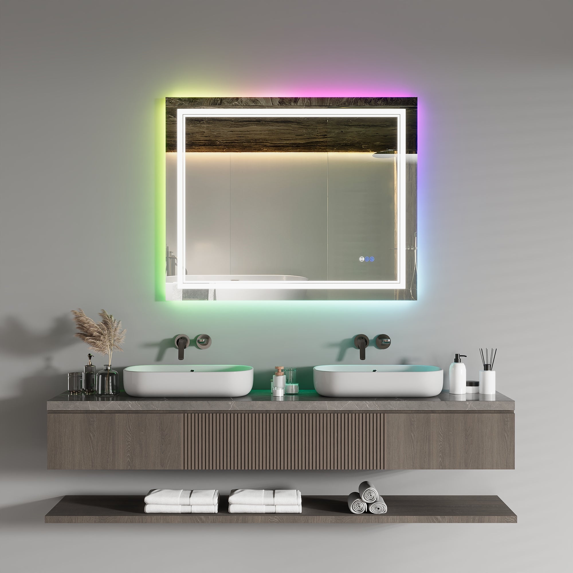 DeerValley 40"x 32" RGB LED Bathroom Mirror, Front Light and RGB Backlit Lighted Vanity Mirror