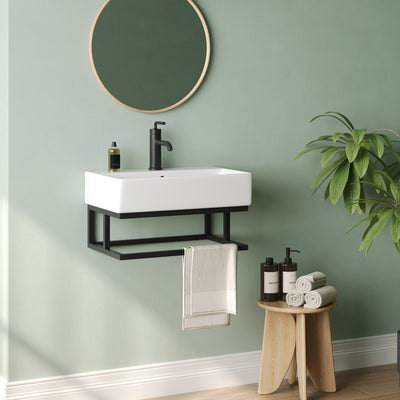DeerValley 22"x14" Wall Mounted Bathroom Sink with Black Towel Bar, Rectangular Bathroom Sink with Overflow