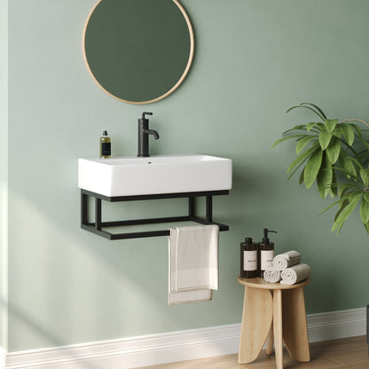 DeerValley 22"x14" Wall Mounted Bathroom Sink with Black Towel Bar, Rectangular Bathroom Sink with Overflow