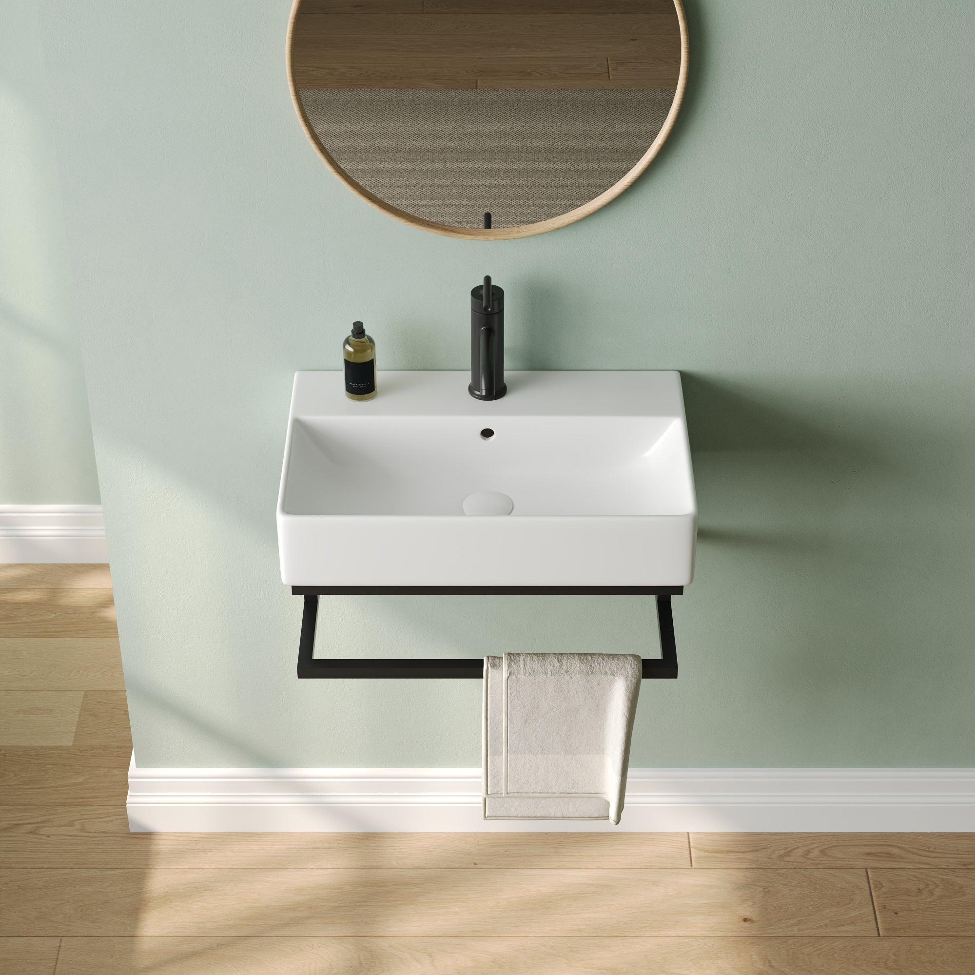DeerValley 22"x14" Wall Mounted Bathroom Sink with Black Towel Bar, Rectangular Bathroom Sink with Overflow