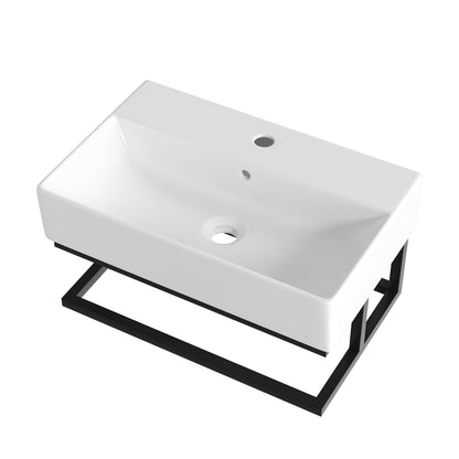 DeerValley 22"x14" Wall Mounted Bathroom Sink with Black Towel Bar, Rectangular Bathroom Sink with Overflow