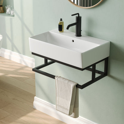 DeerValley 22"x14" Wall Mounted Bathroom Sink with Black Towel Bar, Rectangular Bathroom Sink with Overflow
