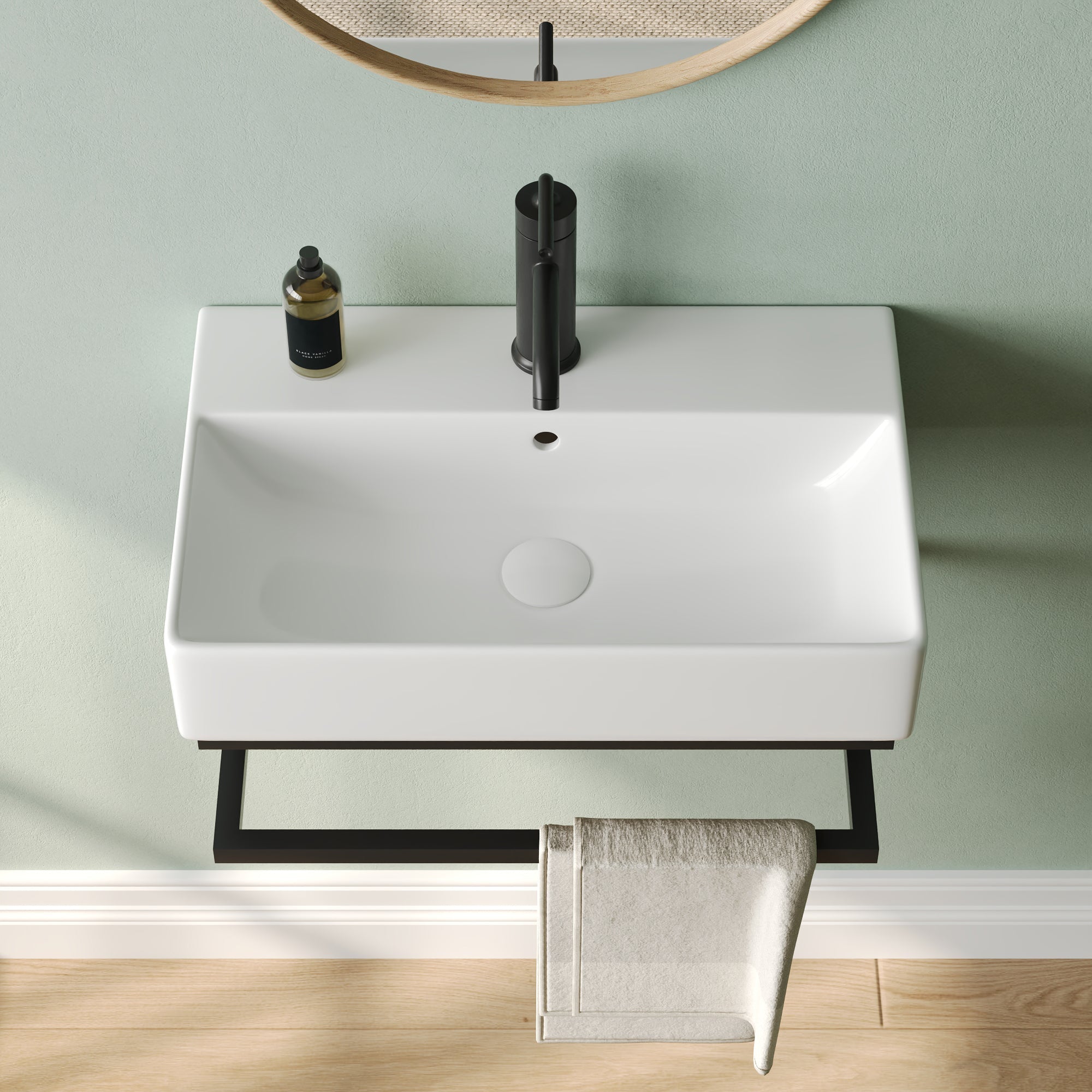 DeerValley 22"x14" Wall Mounted Bathroom Sink with Black Towel Bar, Rectangular Bathroom Sink with Overflow