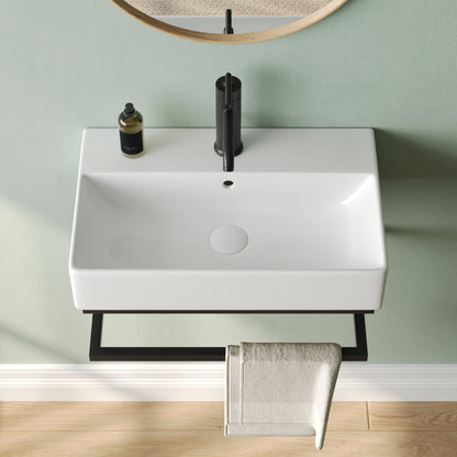 DeerValley 22"x14" Wall Mounted Bathroom Sink with Black Towel Bar, Rectangular Bathroom Sink with Overflow