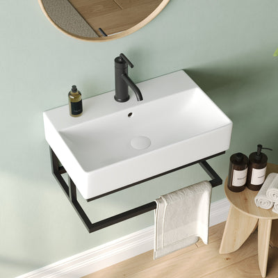 DeerValley 22"x14" Wall Mounted Bathroom Sink with Black Towel Bar, Rectangular Bathroom Sink with Overflow