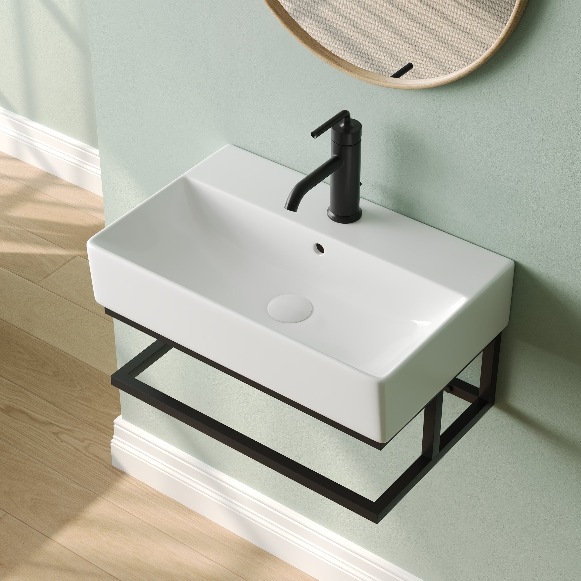 DeerValley 22"x14" Wall Mounted Bathroom Sink with Black Towel Bar, Rectangular Bathroom Sink with Overflow