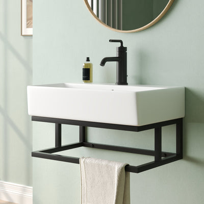DeerValley 22"x14" Wall Mounted Bathroom Sink with Black Towel Bar, Rectangular Bathroom Sink with Overflow