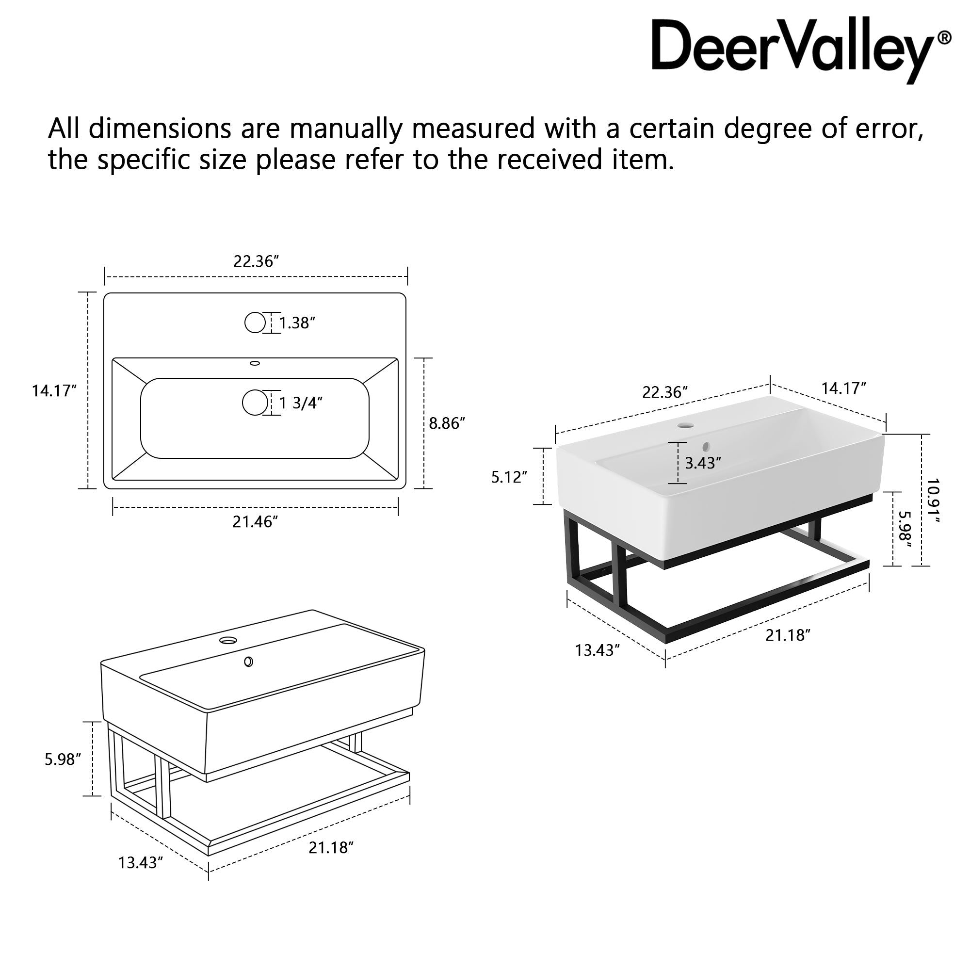 DeerValley 22"x14" Wall Mounted Bathroom Sink with Black Towel Bar, Rectangular Bathroom Sink with Overflow
