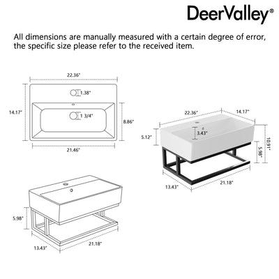 DeerValley 22"x14" Wall Mounted Bathroom Sink with Black Towel Bar, Rectangular Bathroom Sink with Overflow