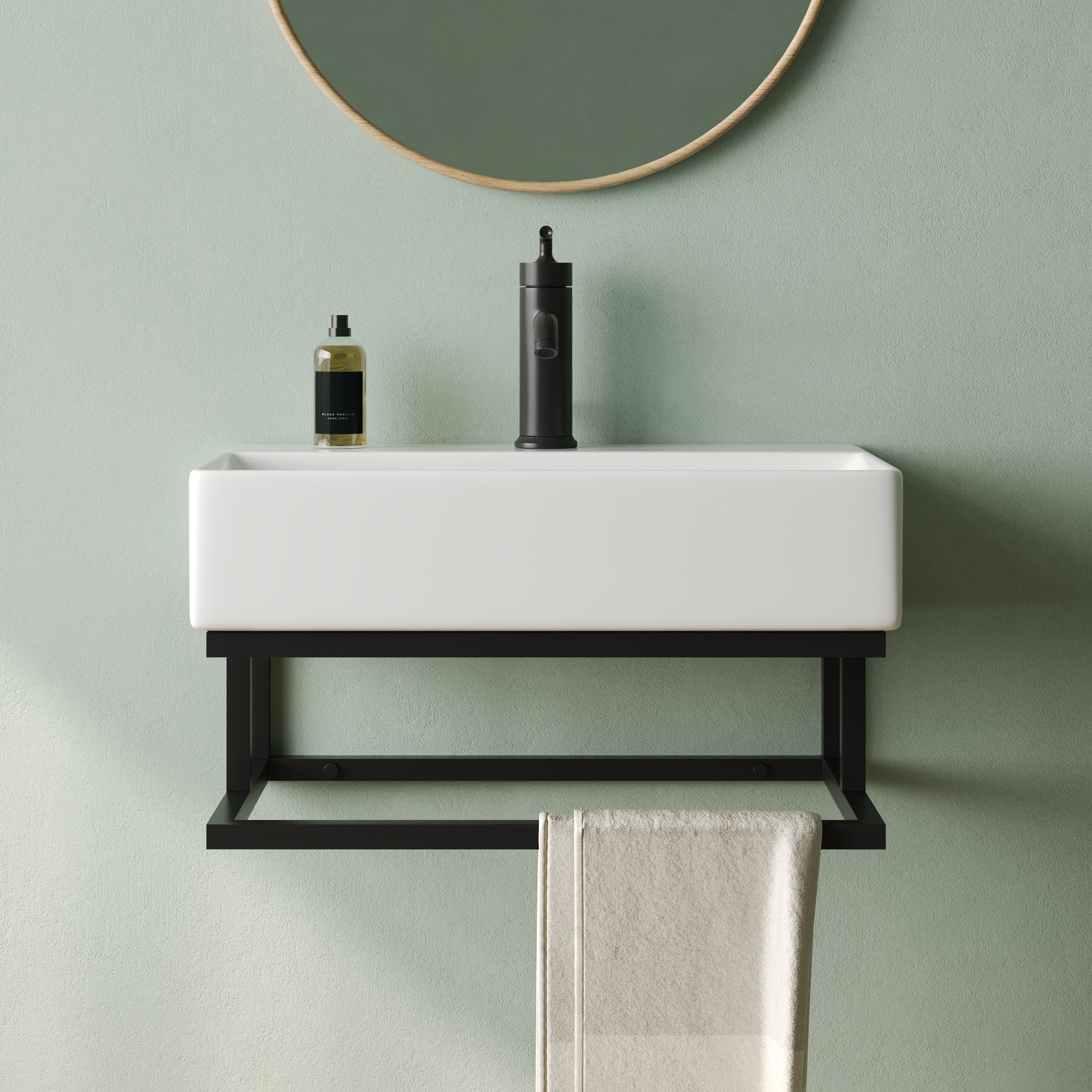 DeerValley 22"x14" Wall Mounted Bathroom Sink with Black Towel Bar, Rectangular Bathroom Sink with Overflow