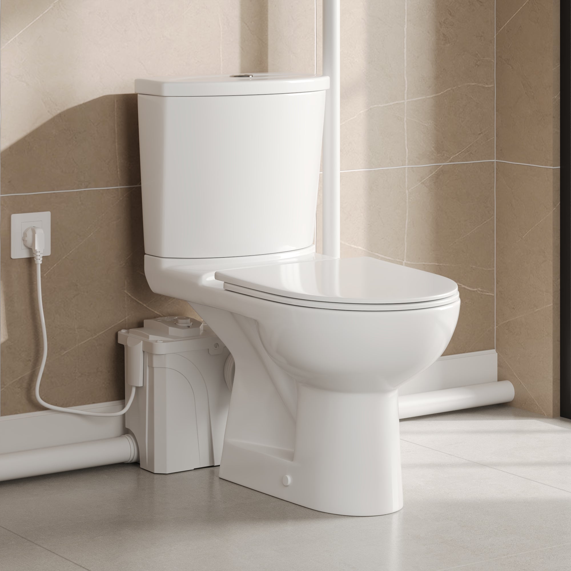 Macerating Toilet, 23ft Vertical Sewage Lift, 700W Stainless Steel Grinder, Dual Odor Control System