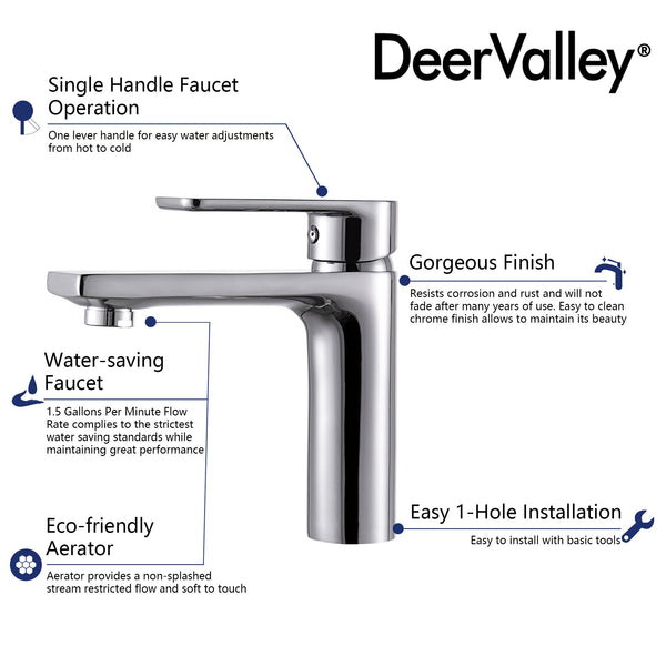 DeerValley Bath DeerValley DV-1J82802 Liberty Single Hole Brass Silver Bathroom Chrome Finished Faucet Faucet