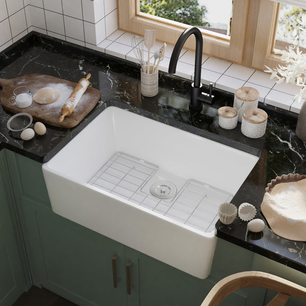 DeerValley Bath DeerValley DV-1K116 Perch 24" L x 16" W Mini Farmhouse Ceramic Single Bowl Kitchen Sink with Accessories Kitchen Sink