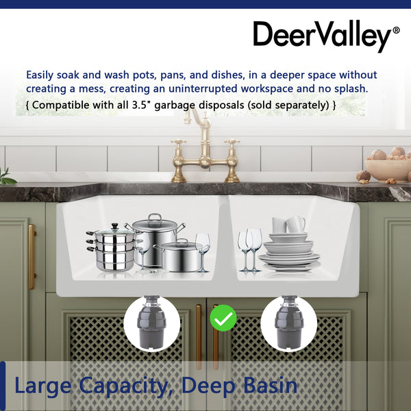DeerValley Bath DeerValley DV-1K705 Eclipse 33" L X 21" W Double Basin Ceramic Farmhouse Kitchen Sink Kitchen Sink