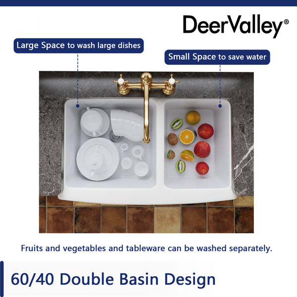 DeerValley Bath DeerValley DV-1K705 Eclipse 33" L X 21" W Double Basin Ceramic Farmhouse Kitchen Sink Kitchen Sink
