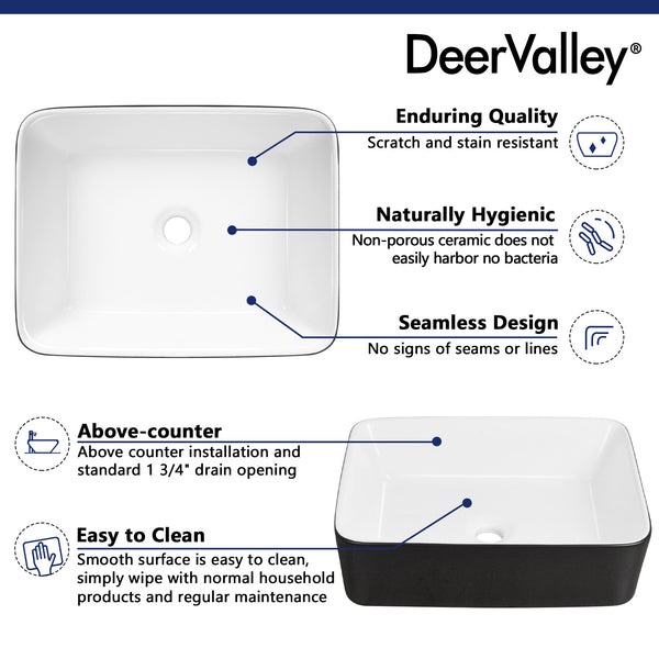 DeerValley Bath DeerValley DV-1V0001 Ally Black and White Ceramic Rectangular Vessel Bathroom Sink Vessel Sink