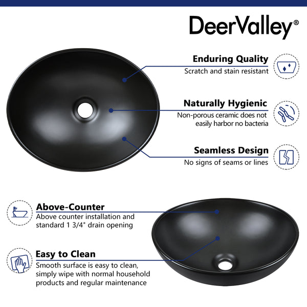 DeerValley Bath DeerValley DV-1V0011 Horizon Black Ceramic Glazed Oval Vessel Bathroom Sink Vessel sink