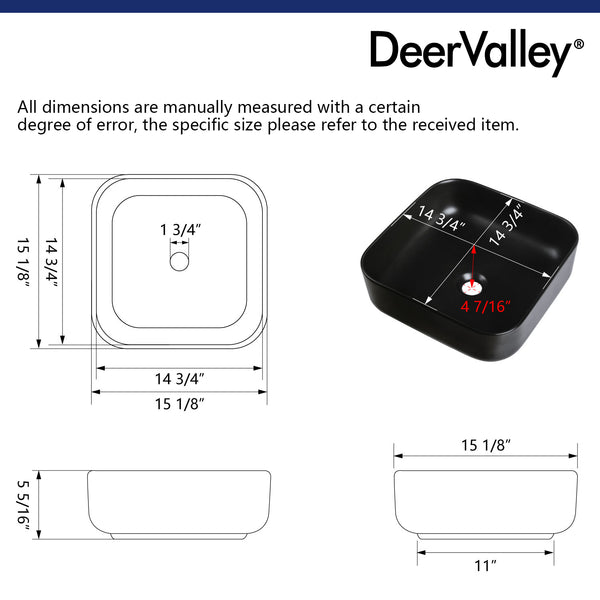 DeerValley Bath DeerValley DV-1V0023 Ace Black Ceramic Square Vessel Handmade Bathroom Sink Vessel sink